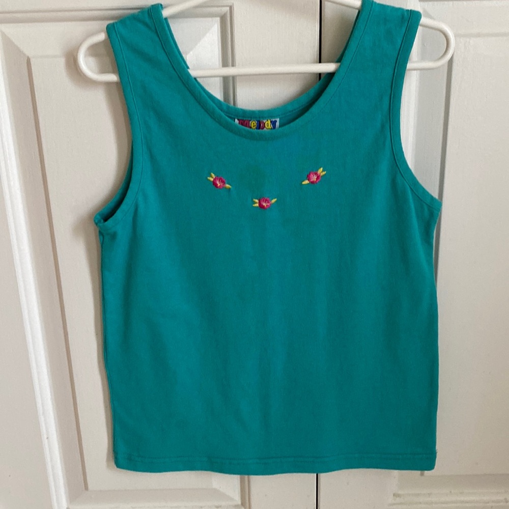 Girl’s  Teal Cotton Top with Floral Appliqués